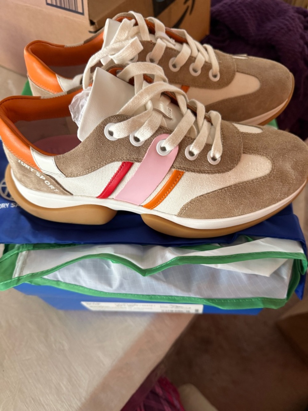 Tory Sport Beige Suede & Canvas Sneakers with Pink, Orange and Red Accents